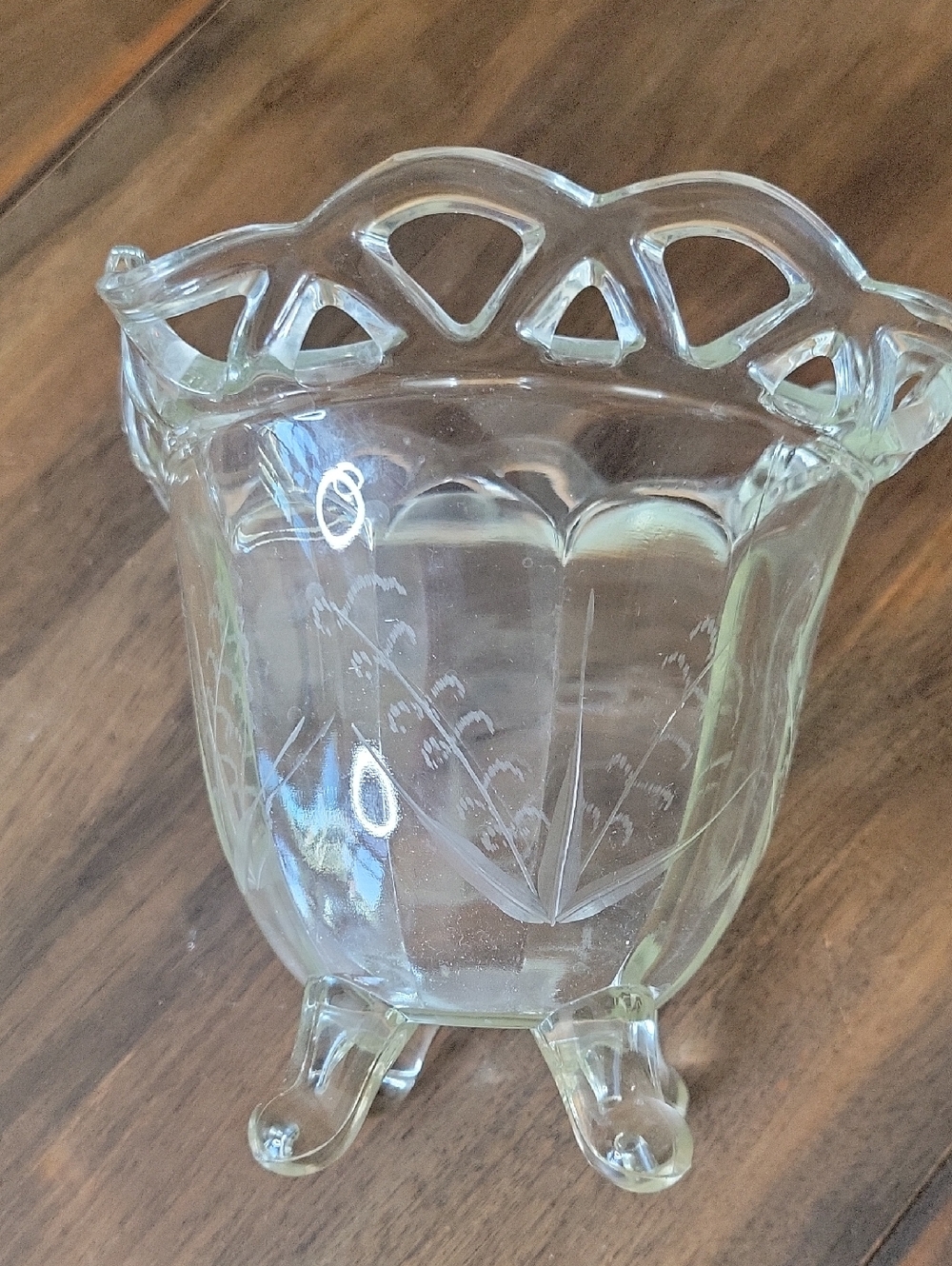 Vintage Etched Clear Decorative Glass Footed Compote Open Lace Edge Rim Design